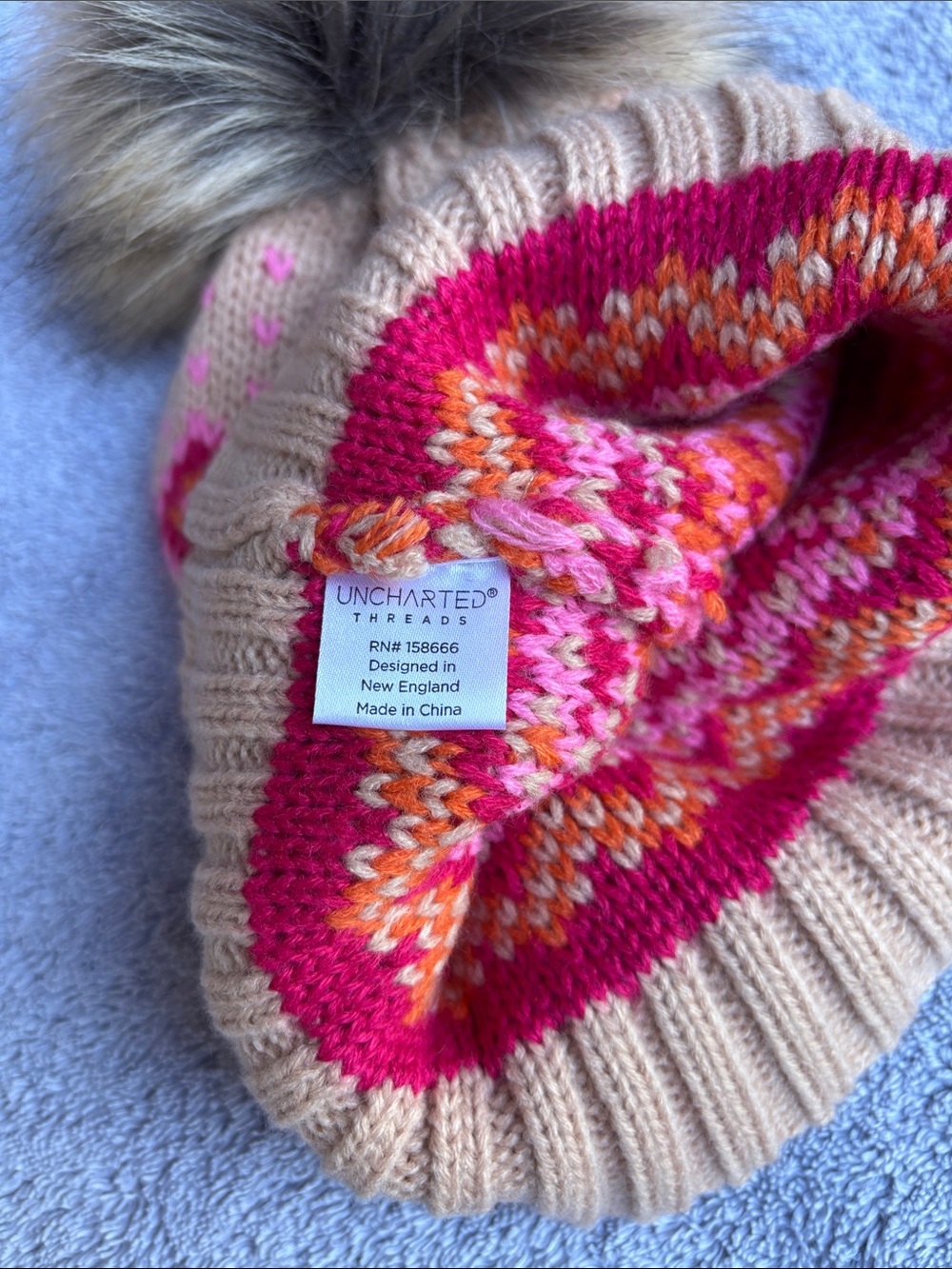 Pom Pom Knit Beanie - Pink Multicolor with Beige Cuff - Picture 5 of 7
